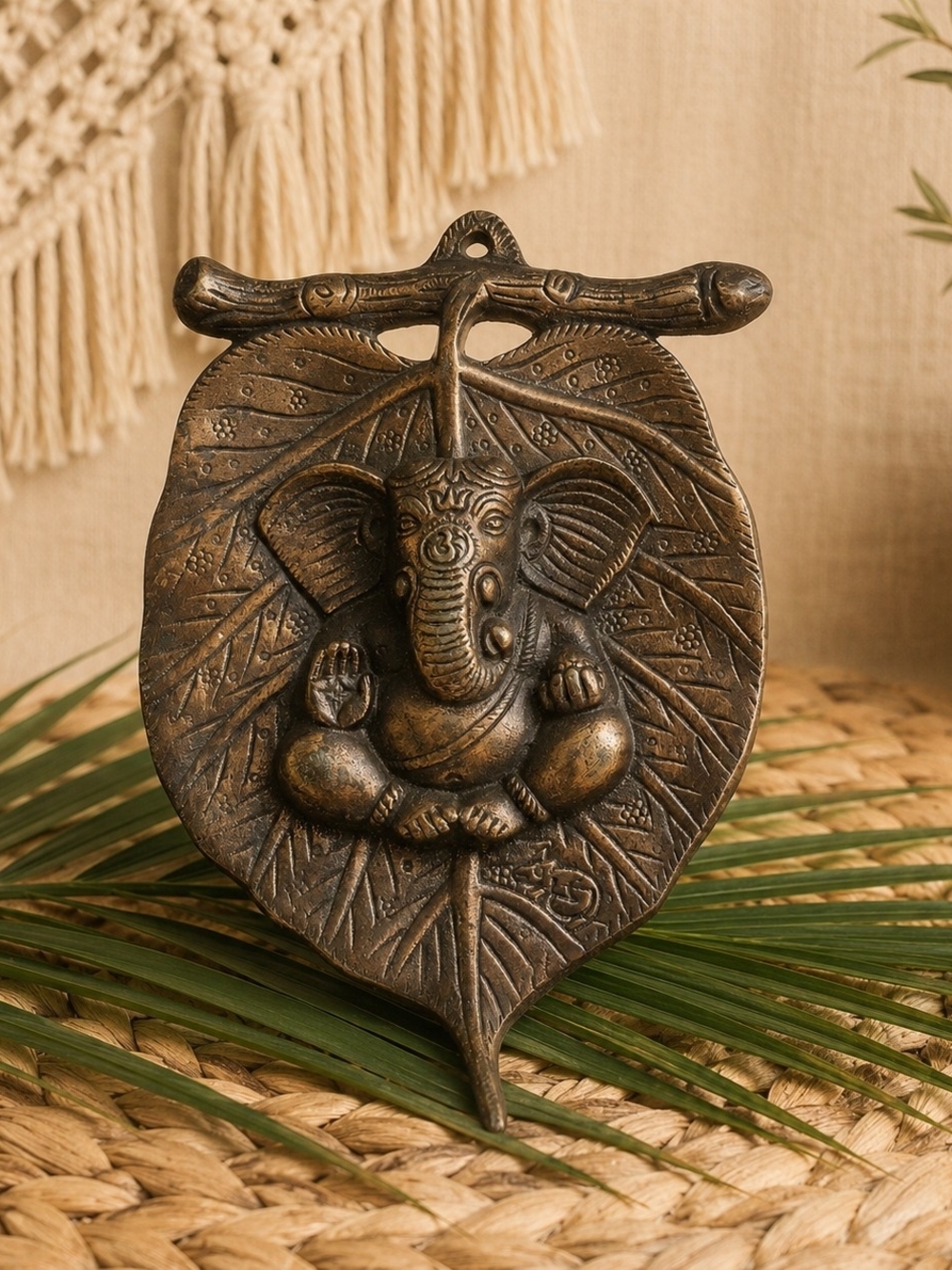 Cast Metal Ganesha Sacred Bodhi Leaf Wall Plaque Yoga Meditation Decor
